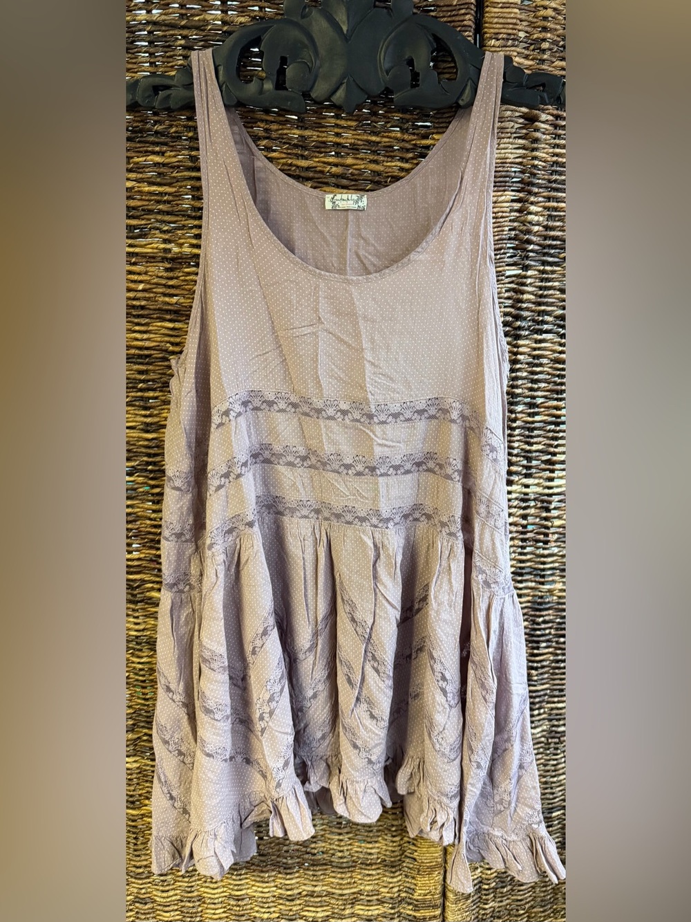 Free People Lavender Scoop-Neck Lace Trim Slip, Voile and Lace Trapeze, Small